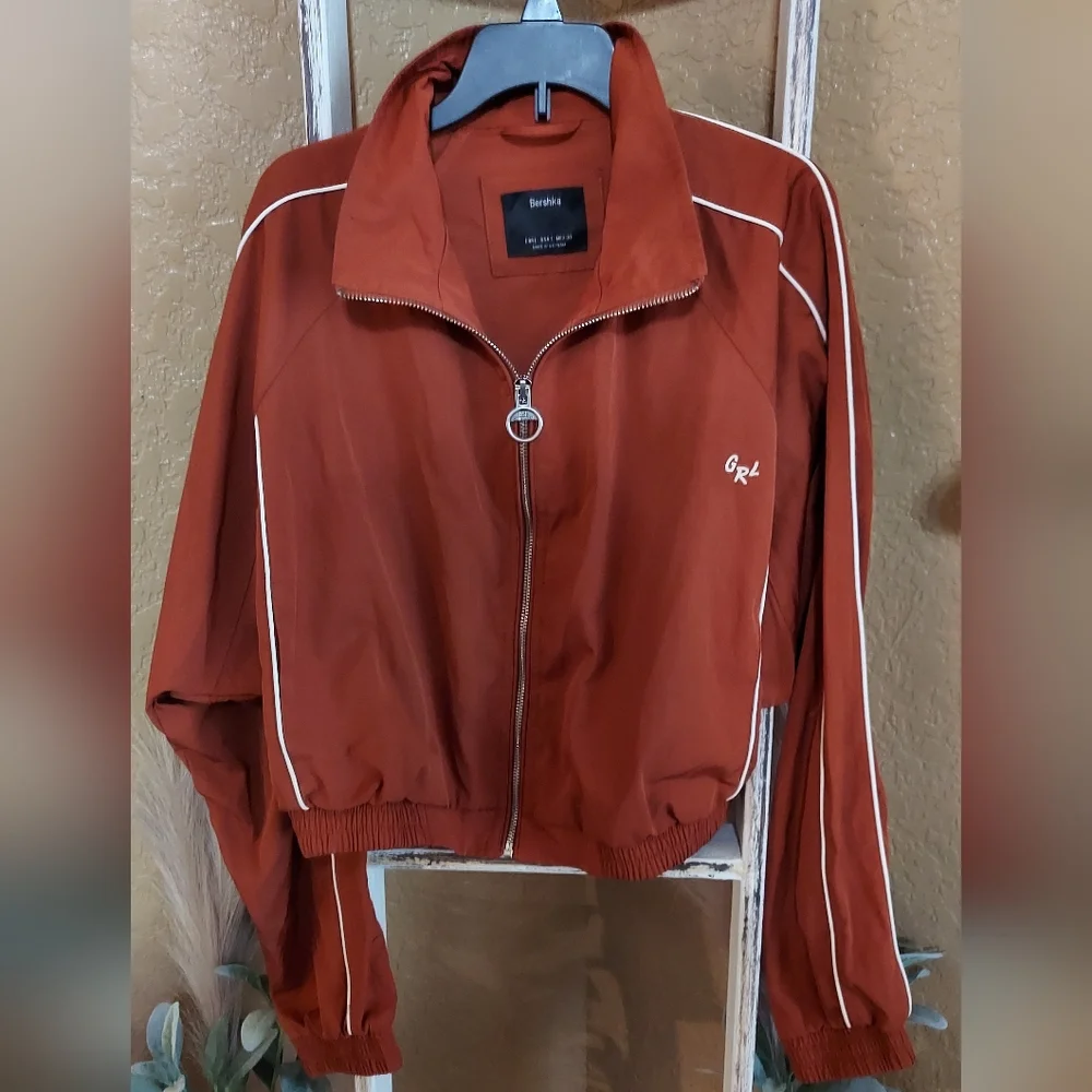 Bershka Orange Zipper Crop Jacket White Stripe Sz L Preppy Revival Tenniscore - Picture 1 of 13
